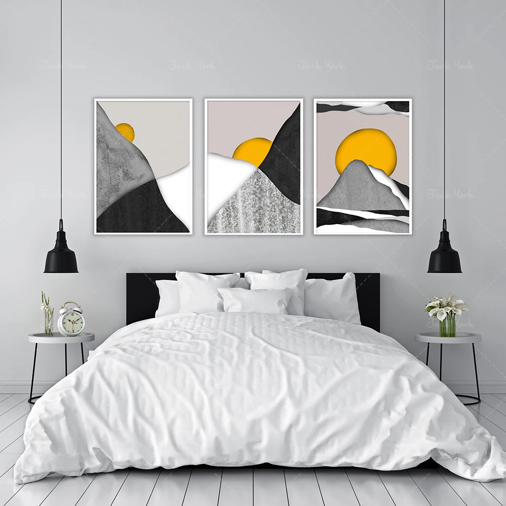 Contemporary Modern Minimalist Print, Landscape Art Abstraction, Yellow Sun over the mountain, Abstract Mid Century Black White