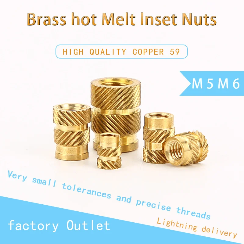 Brass Hot Melt Inset Nuts Heating Molding Copper Thread Inserts Nut SL-type Double Twill Knurled Injection Brass Nut M5M6 10 Pcs