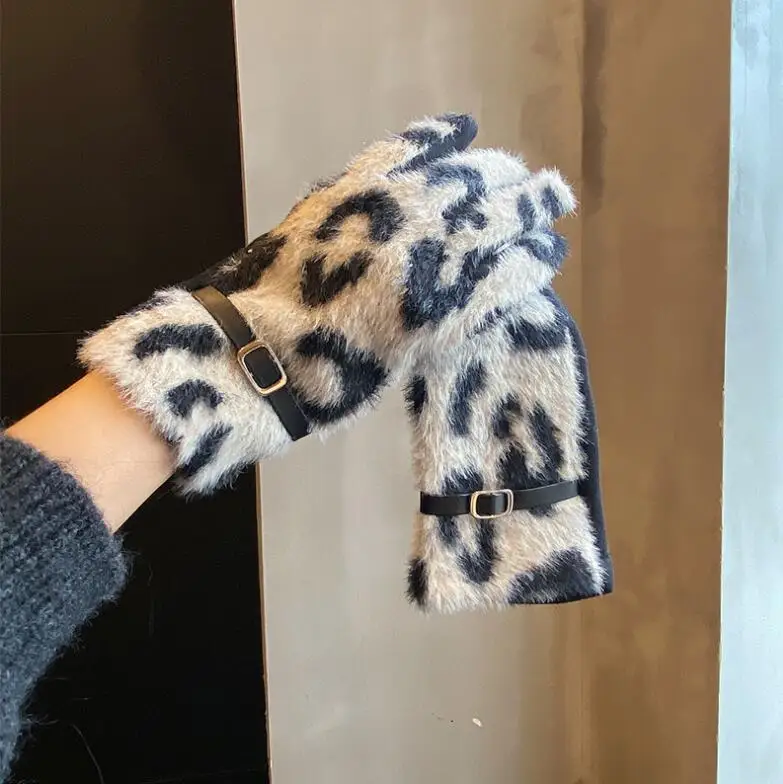 

Women's autumn winter thicken warm leopard faux fur gloves lady's touchscreen glove winter driving glove R3420