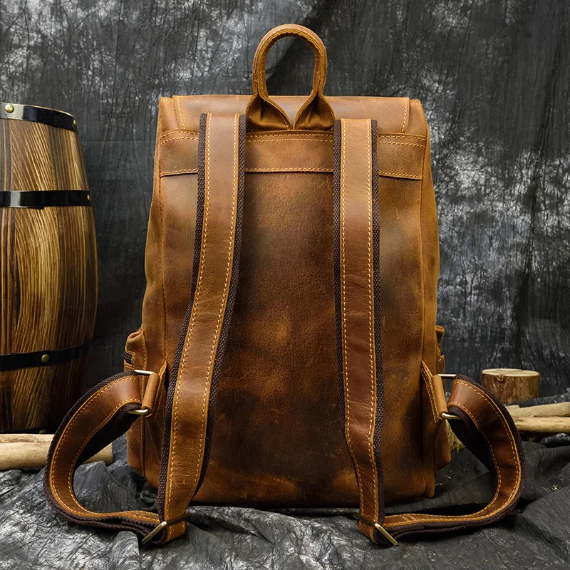 Vintage Crazy Horse Leather Backpacks Mens Genuine Leather Rucksack Durable Leather School Bag for male Travlling Bagpacks