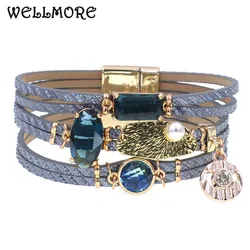 WELLMORE women bracelet glass leather bracelets for women charm bracelet fashion female jewelry wholesale dropshipping