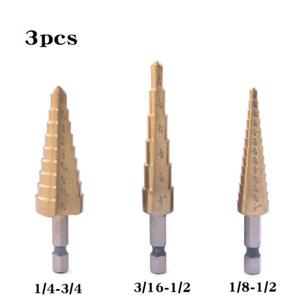 3 PCS Hexagonal Shank Step Drill High-speed Steel Reaming Hole Tool Set Straight Groove Titanium-plated Pagoda Drill Bit