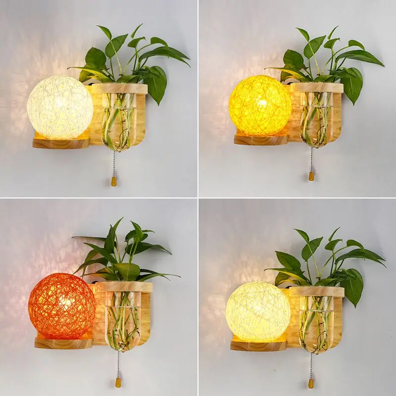 Creative Green Plant Pot Wall Light Home Decor Lamps For Bedroom Dining Room Balcony LED Wall Lamp Wooden E27 Indoor Lighting