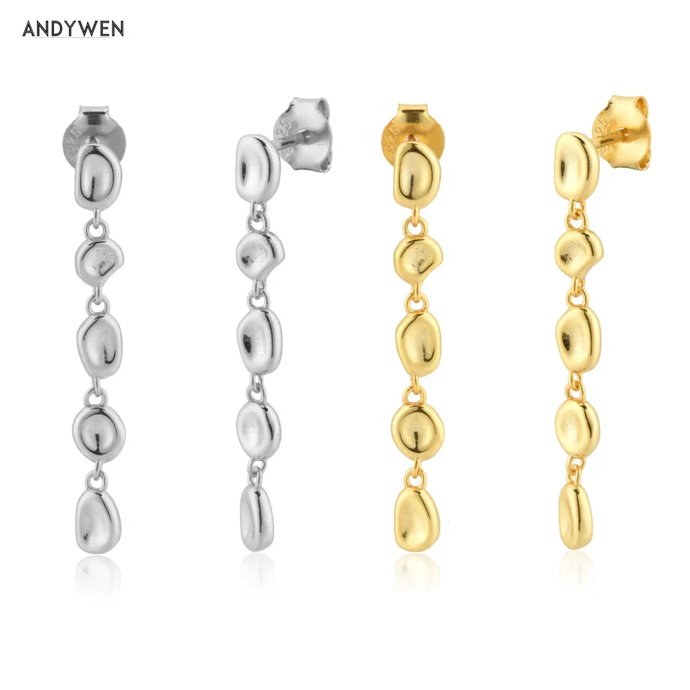 ANDYWEN 925 Sterling Silver Gold 30mm Chain Drop Earring Stud Women Rock Punk Coins Roun Wedding Gift Clips Piercing Pendiente