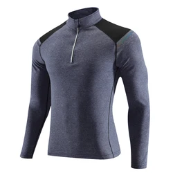 Long Shirts Men Sports Zipper Fitness Traning Quick Drying Clothes Stand Collar Slim Top Workout Running Tee