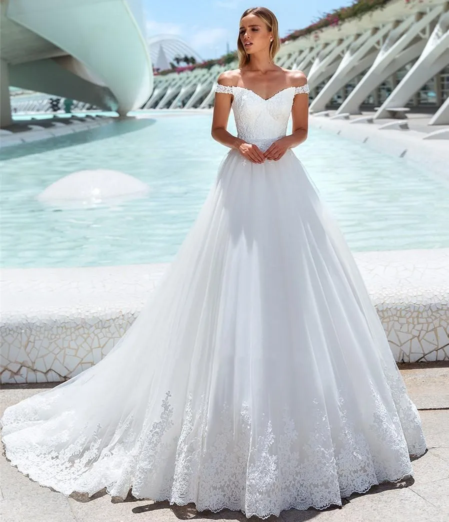 

Off Shoulder A-Line Wedding Dresses 2024 Lace Appliques Bandage Back Long Vintage Bridal Gowns Customized Vestidos De Mariee