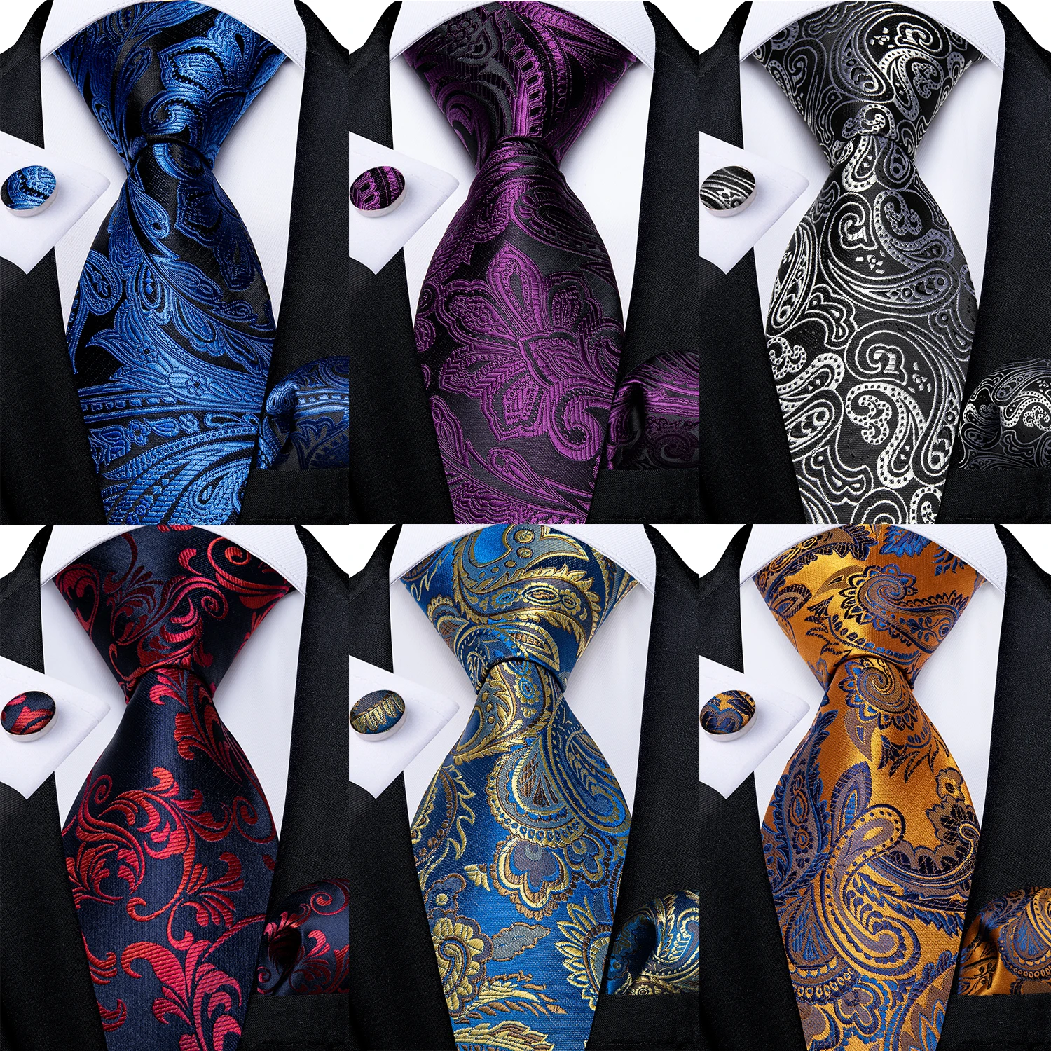 Designer Men's Silk Tie Set Luxury Black Silver Blue Paisley Business Wedding Neck Tie For Men Pocket Square Cufflinks Gift Set