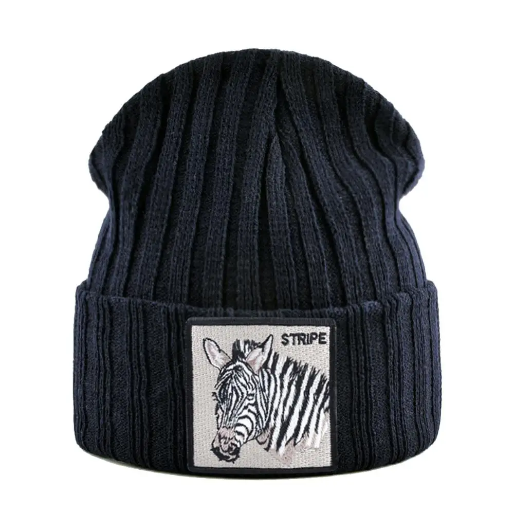 Knitted wool Beanies Unisex Hats For Men Autumn Skullies Solid Color bone Casual Thick warm Hats for Women Embroidery zebra hat