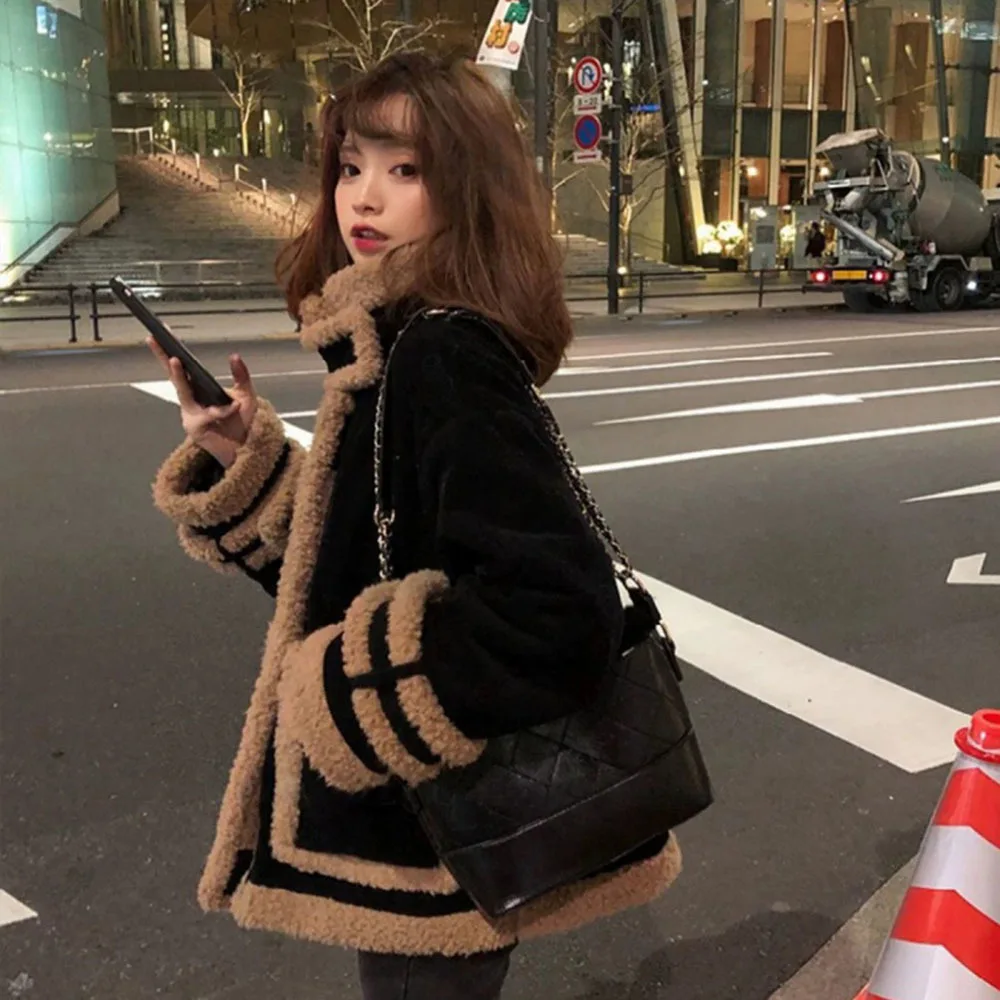 Korean Stand-up Collar Lambswool Jackets Women Autumn Winter Fashion Loose Parka Short Coat Thicken Warm Coats Ladies Overcoats