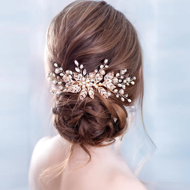 Trendy Leaf Pearl Rose Gold Wedding Hair Combs Tiara Bridal Headpiece Women Head Decorative Jewelry Wedding Hair Accessories