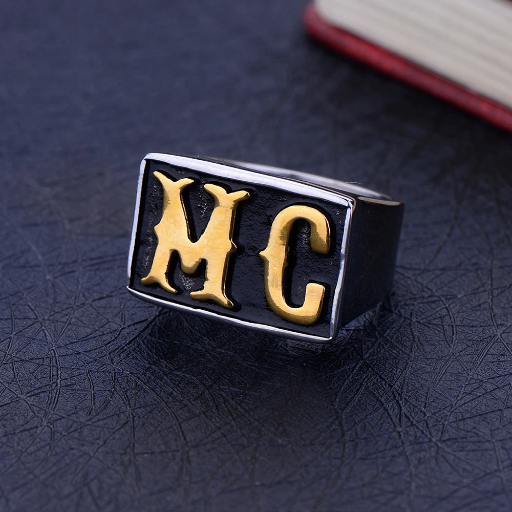 NEW 316L Titanium Steel Plated Gold MC Biker Ring Fashion Hip Hop Rock Men’s Jewelry Stainless Steel Ring drop shipping