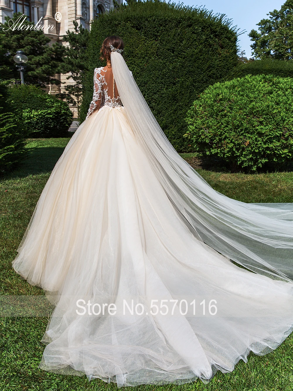 Alonlivn Elegant Appliques Lace V-Neck A-Line Wedding Dresses Tiered Silky Tulle Full Sleeves Bridal Gowns