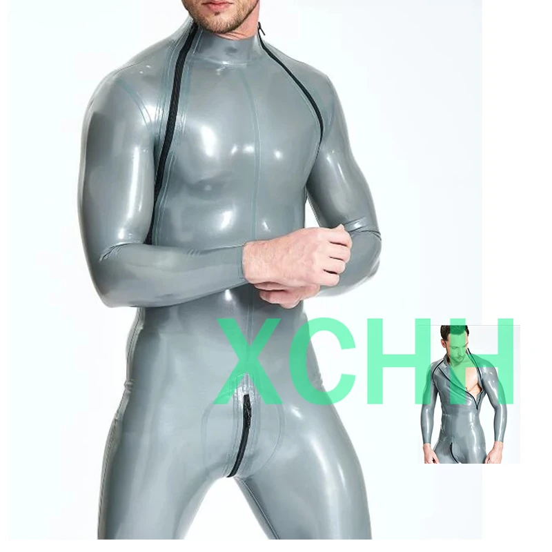 

Natural Latex Male Shoulder-Zip Catsuit Double-Diagonal Zipper Rubber Bodysuits