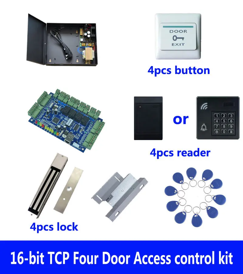 

Access Control Kit,TCP Four Door Access Control+Powercase+280kg Magnetic Lock+ZL-Bracket+ID Reader+Button+10 ID Tag,Sn:Kit-B408