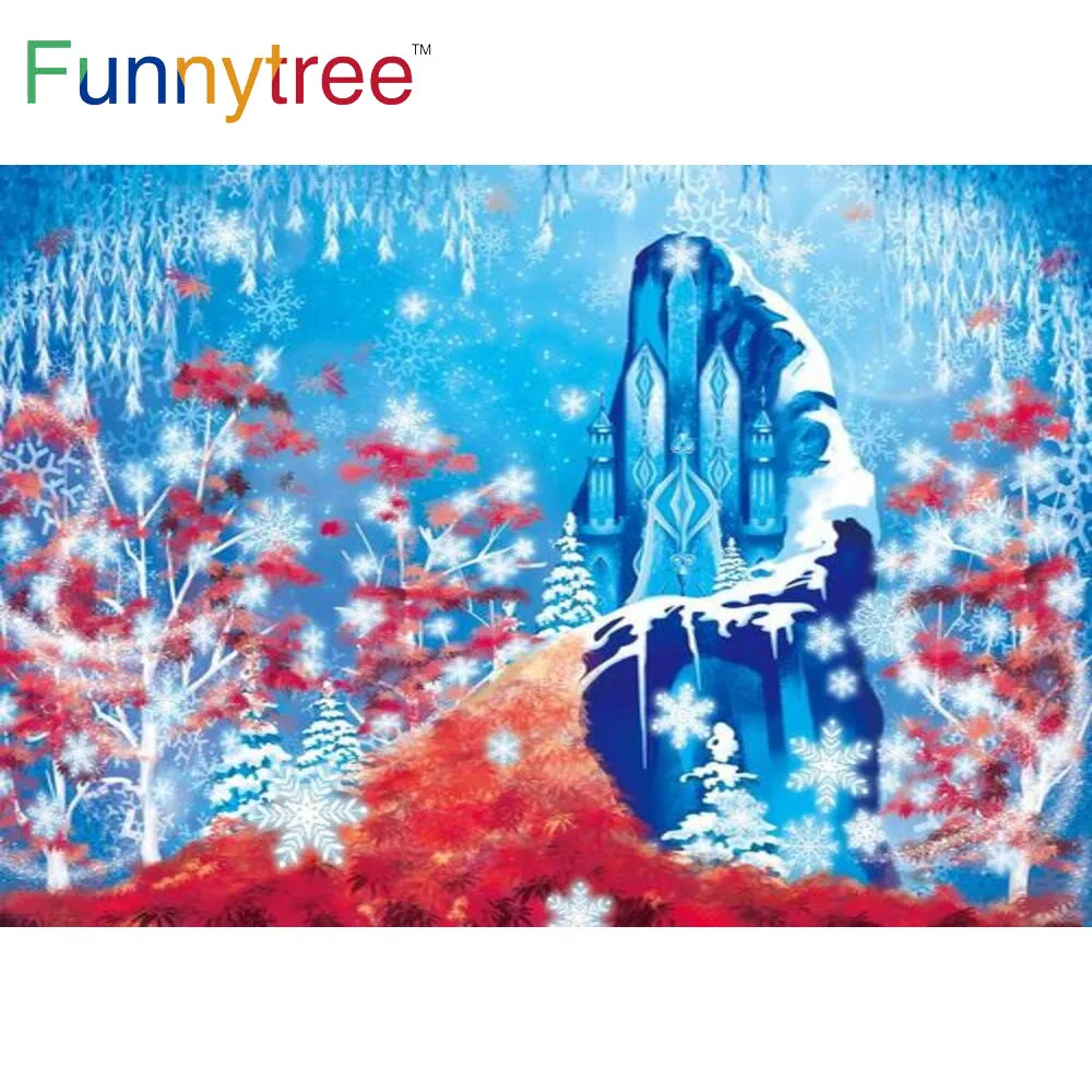 

Funnytree Winter Wonderland Frozen Party Backdrop Castle Princess Queen Birthday Ice Snowflake Red Maples Baby Shower Background