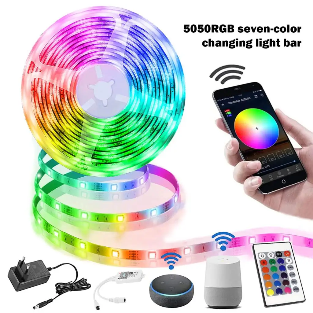 WiFi Strip Lights Music Sync 5050 RGB LED Lights Tape 24 Keys Remote Control 24 Keys Remote Control Timer Mode Decoration