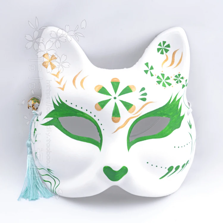 Handmade Custom Hand-Painted Fox Cat Mask Japanese Style Cos Anime Cosplay Ball Green Golden Fresh Air