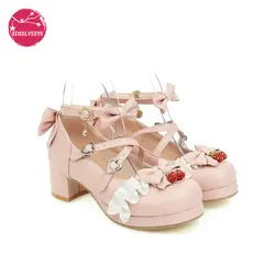 Japanese Lolita Mary Janes Shoes Princess Pink Ankle Strap Bowtie Strawberry Ruffles Wedding Cosplay Uniform Pumps Plus Size 48