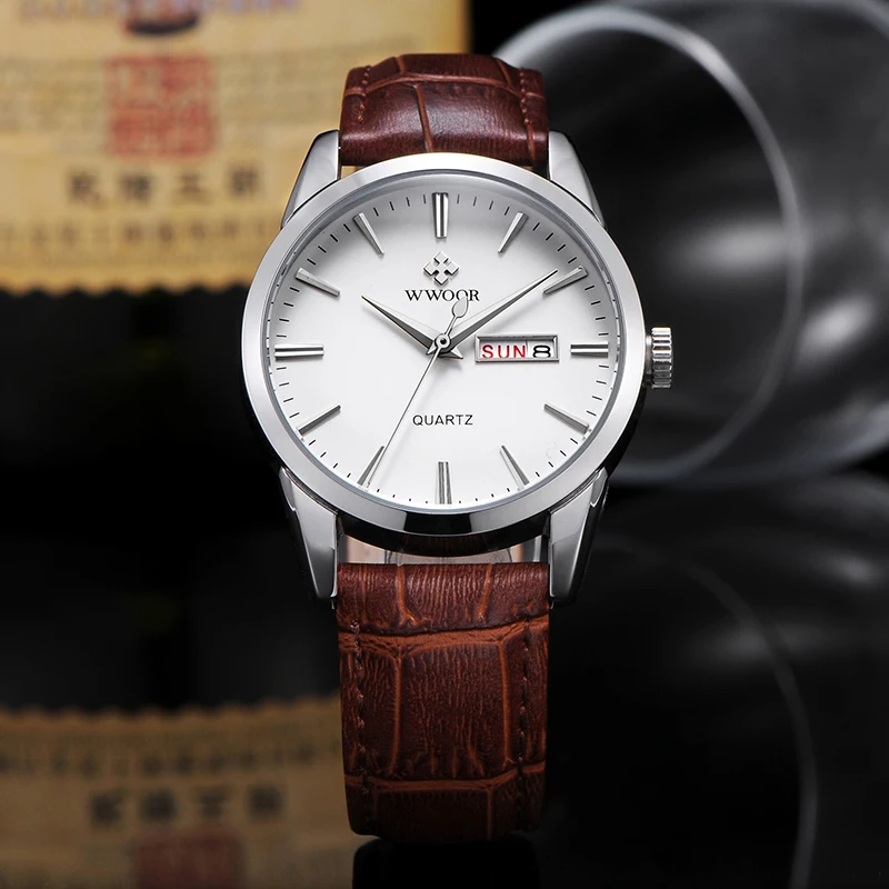 WWOOR Famous Brand Luxury Sports Business Mens Watch Day Date Analog Quartz Watches Male Brown Leather Casual Wrist Watch Clocks