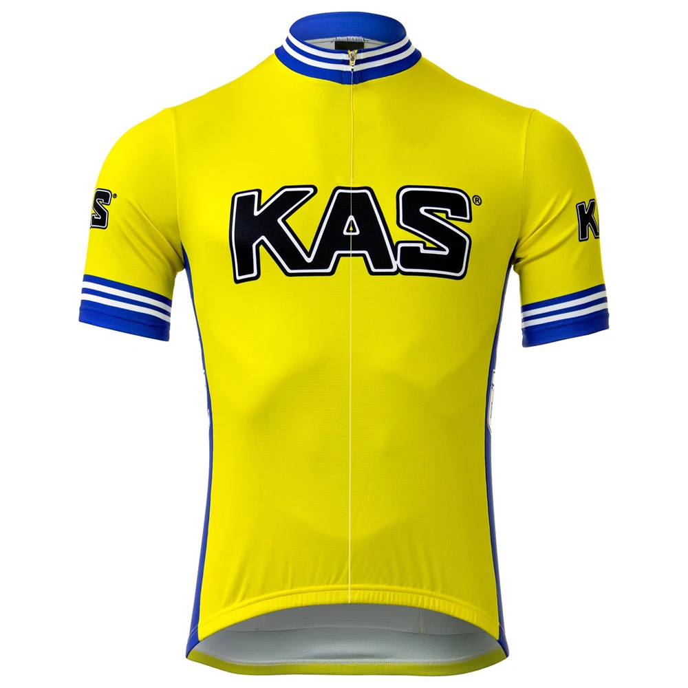 

KAS Retro Cycling Jersey Yellow Top SHORT SLEEVE Road Bicycle Clothing Bike Wear