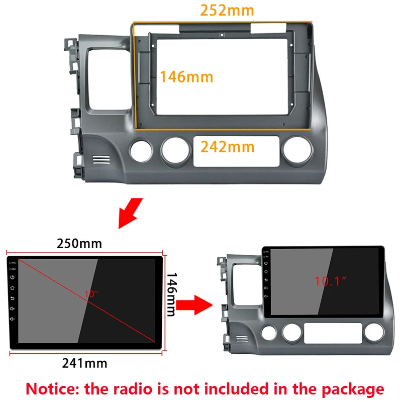 Car Radio Fascia For HONDA CIVIC 2007-2011 Left Wheel 10.1 inch 2 Din Stereo DVD Refit Install Face Panel Dash Mount Frame Kit