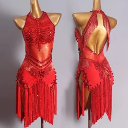 New Latin Dance Dress Female High-End Rhinestone Fringe Dress Red Competition Dress Samba Salsa Rumba Show Stage Costume BL6596