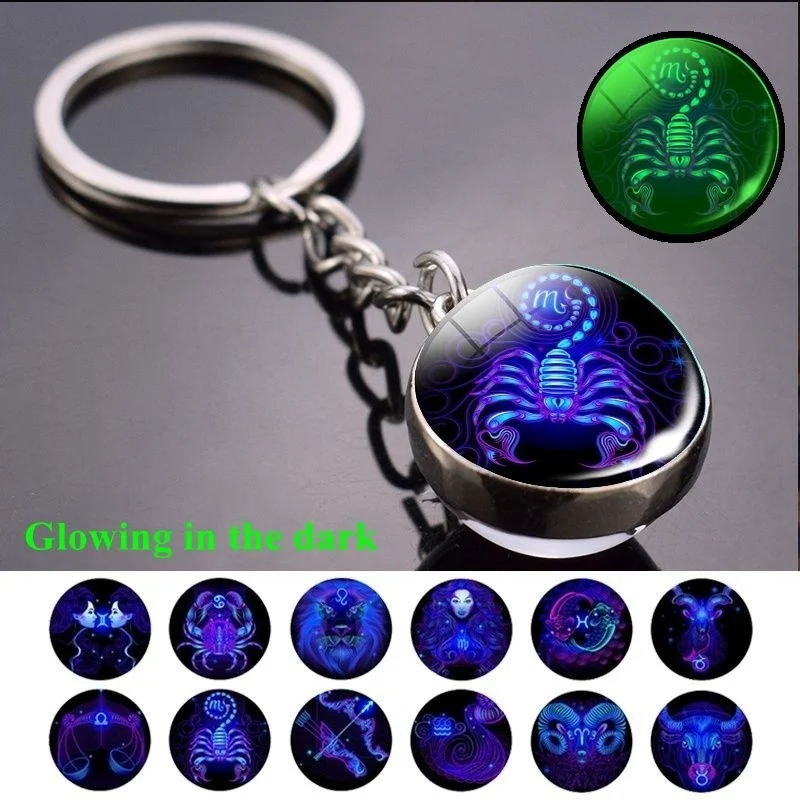 12 Zodiac Sign Luminous Keychain Gifts Keyring Buckle Taurus Gemini Cancer Leo Scorpio Constellation Key Chain Buckle Glowing