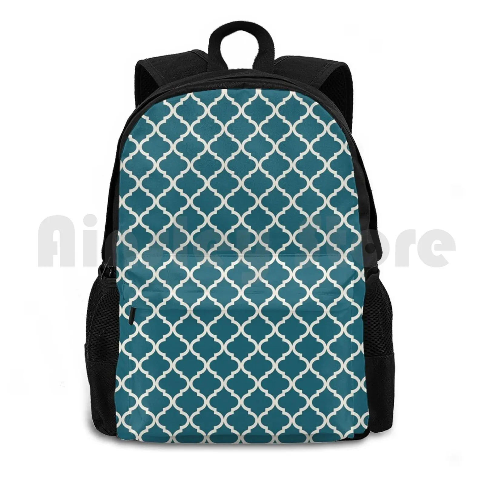 Big Quatrefoil Cream Teal Outdoor Hiking Backpack Waterproof Camping Travel Big Quatrefoil Cream Teal