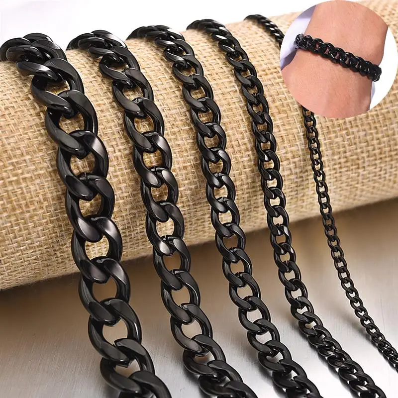 Black Titanium Steel Bracelet Chain for Men Women Fashion Classic Solid Cuban Link Chains Unisex Jewelry Bangle Christmas Gift