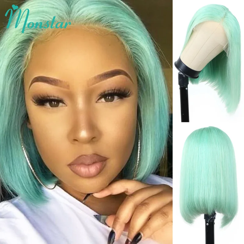 Mint Green Colored Straight Human Hair Wigs 13x6 Bob Frontal Transparent Lace Wig 180 Density Brizillian Remy 13x4 LaceFront Wig