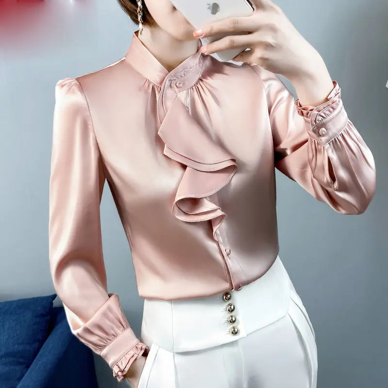 Feminine Blouse Spring Autumn New Elegant Fashion Wave Cut Ruffles Office Lady Shirts Long Sleeve Stand Collar Solid Tops Women