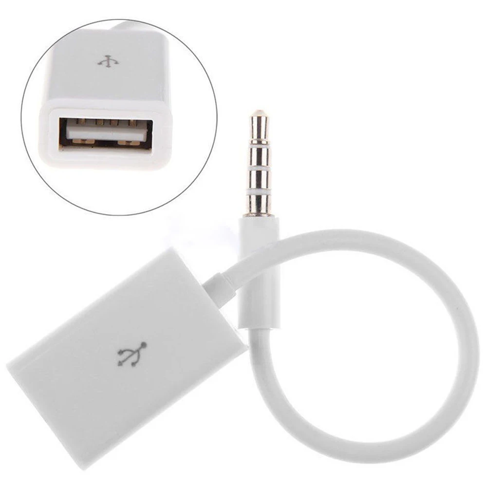 Auto 3.5mm Male AUX Audio Plug Jack To USB 2.0 Female Converter Adapter Cable Wire Cord Stereo Audio Plug Car Accessories White