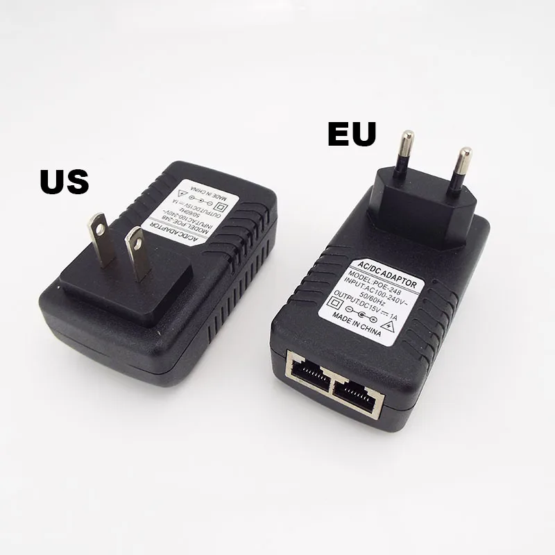 Fuente de alimentación PoE de vigilancia de seguridad CCTV, enchufe de pared POE de 15V 1A, inyector POE, adaptadores Ethernet para cámara IP, teléfono, enchufe estadounidense y europeo q