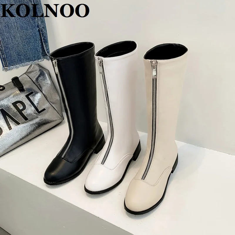 

KOLNOO Womens New Blocked Heel Boots Handmade Front-Zipper Evening Party Prom Half Mid-Calf Boots 3-Color Fashion Winter Shoes