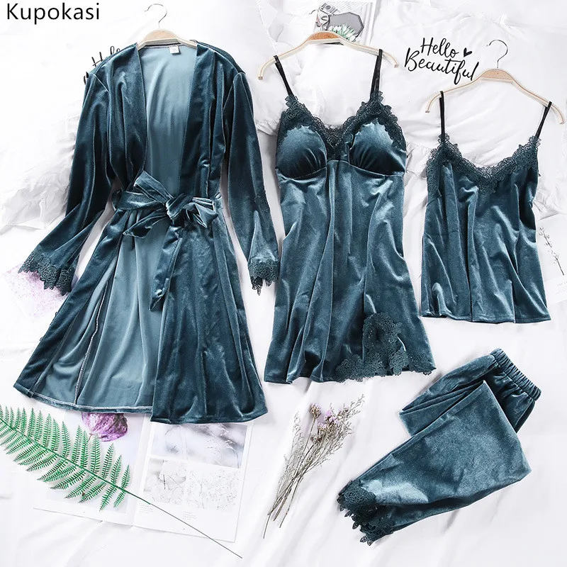 

Kupokasi 4Pcs Gold Velvet Warm Winter Pajamas Sets Women Sexy Lace Robe Pyjamas Sleepwear Long Sleeve Nightwear Homewear