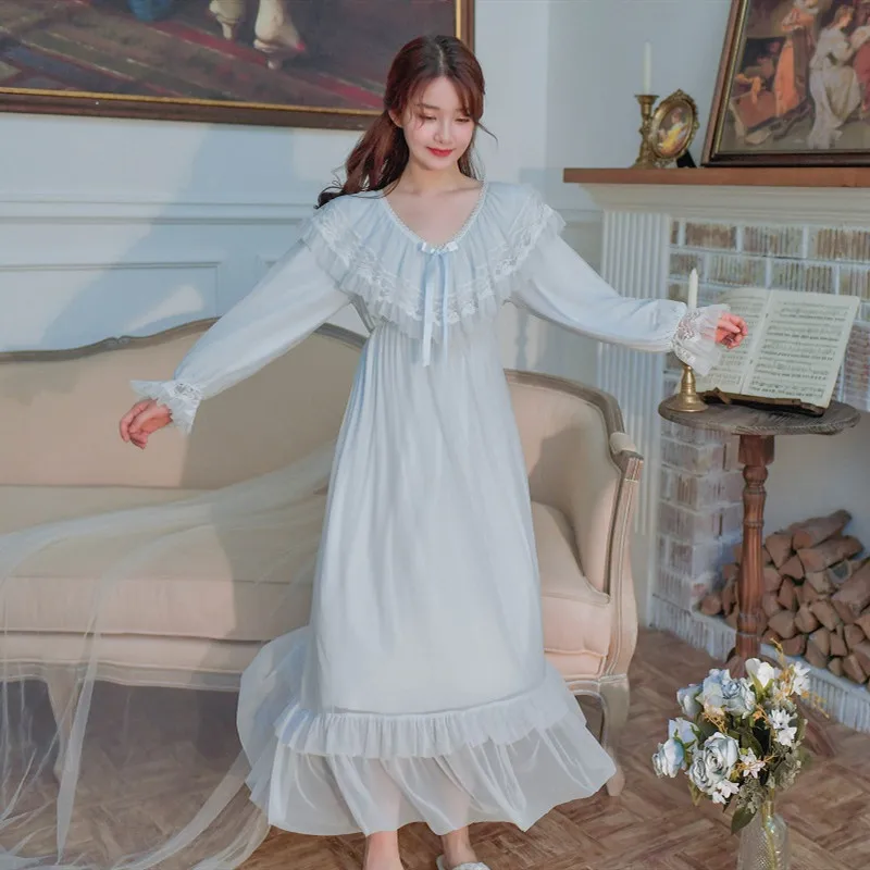 Vintage Luxury Modal Gauze Women\'s Long Nightgowns Long Sleeve Soft Lace Elegant Holiday Sleepwear Spring Autumn Loose Nighty