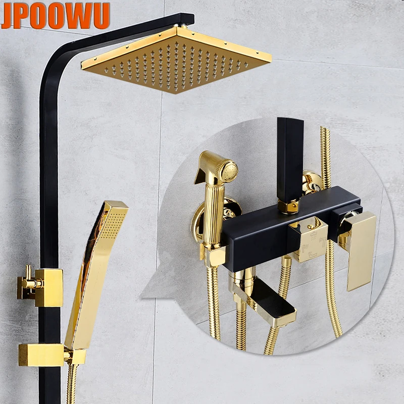 

Hot Cold Mixer Shower Faucet System Bathroom Black Gold Rain Bath Set Bathtub SPA Rainfall Grifo Wall Mount Square Head Torneira