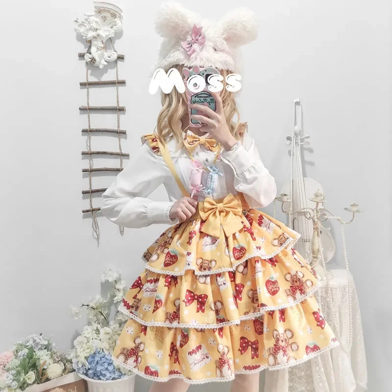 Jupe Lolita japonaise pour étudiantes, tenue Kawaii Vintage, Falbala mignon imprimé, sangle à nœud papillon, Lolita Cosplay Cos Loli