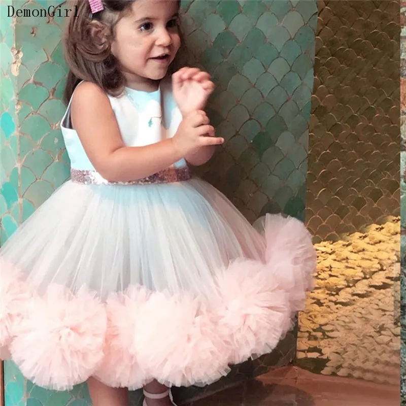 Puffy Baby Girl ชุด Tulle Tutu Glitter Sashes ดอกไม้สาวชุดเด็กวันเกิดชุด First พิธี