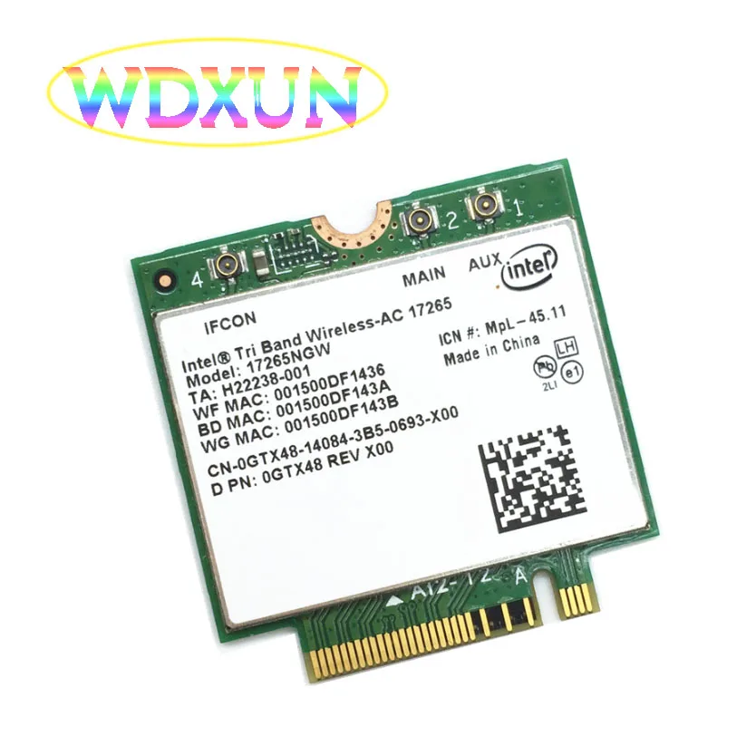 

Intel Tri-Band Wireless-AC 17265 Intel17265 802.11ad 802.11ac 4.7Gbps 867Mbps NGFF M2 Dual-band 2x2 AC BT4.0 WiFi Card