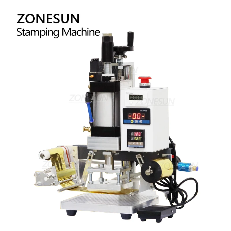 ZONESUN Pneumatic Hot Stamping Machine Paper Plastic Wood Leather PVC Bronzing Heat Press Machine Custom Brass Mold Letter QS90