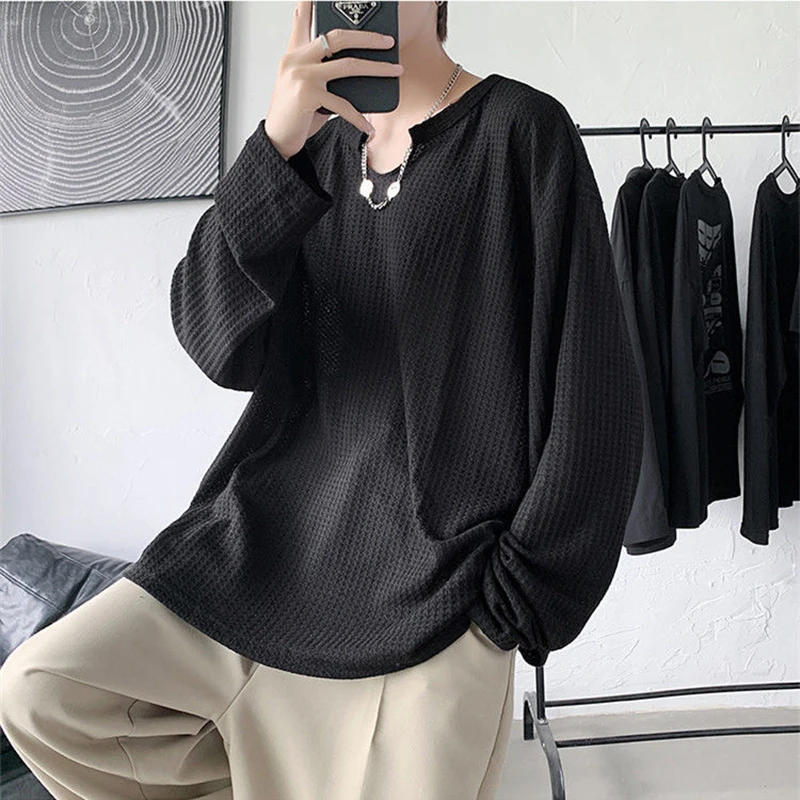 Autumn Waffle Plaid V Neck Long Sleeve Men Tshirts Loose Oversize Fashion White Black Brown Split Fork Top Breathable Streetwear