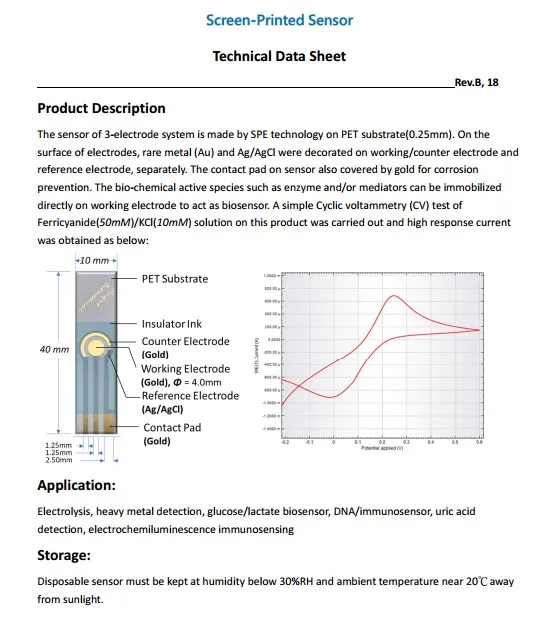 Electrochemical heavy metal detection gold electrode. Low oxidation peak potential is below 0.2V