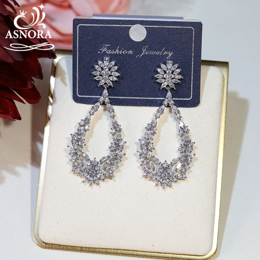 Fashion Marquise Zirconia Wedding Long Drop Earrings for Women Party Silver Color Flower Dangle Earrings Party Jewelry E0059