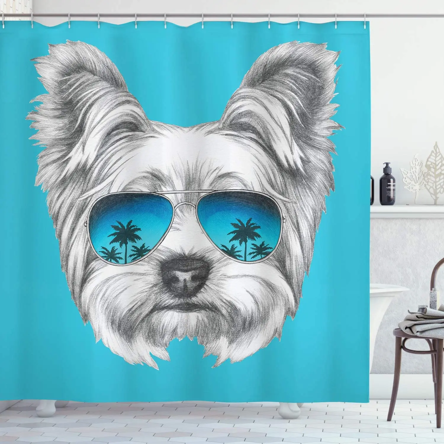 Yorkie Shower Curtain, Yorkshire Terrier Portrait with Cool Mirror Sunglasses Hand Drawn Animal Art