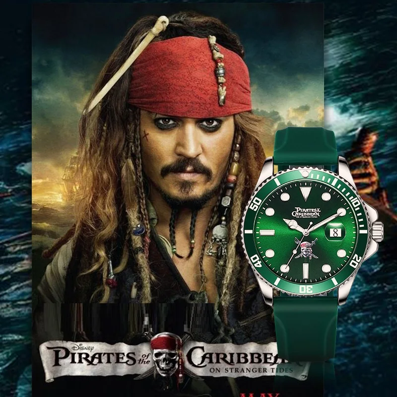 Disney Official Pirates of the Caribbean Cartoon Men Casual Quartz Wrtistwatches Silicone Band Green Water Ghost Gentlemen Gift