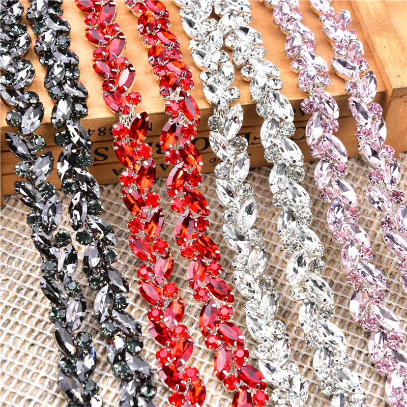 1 Meter Dense Horse Eye Rhinestone Flower Chain Sew On Glass Crystal Diamond Clothing Shoelace Accessories Diy Decoration Trims