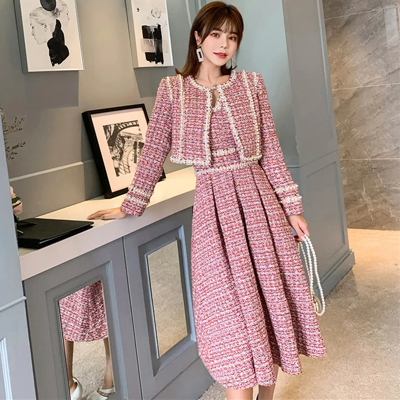 JSXDHK Luxury Tweed Two Piece Set Fall Winter Women Beading Tassel Pink Short Jacket And Vest Woollen Midi Ball Gwon Dress Suits