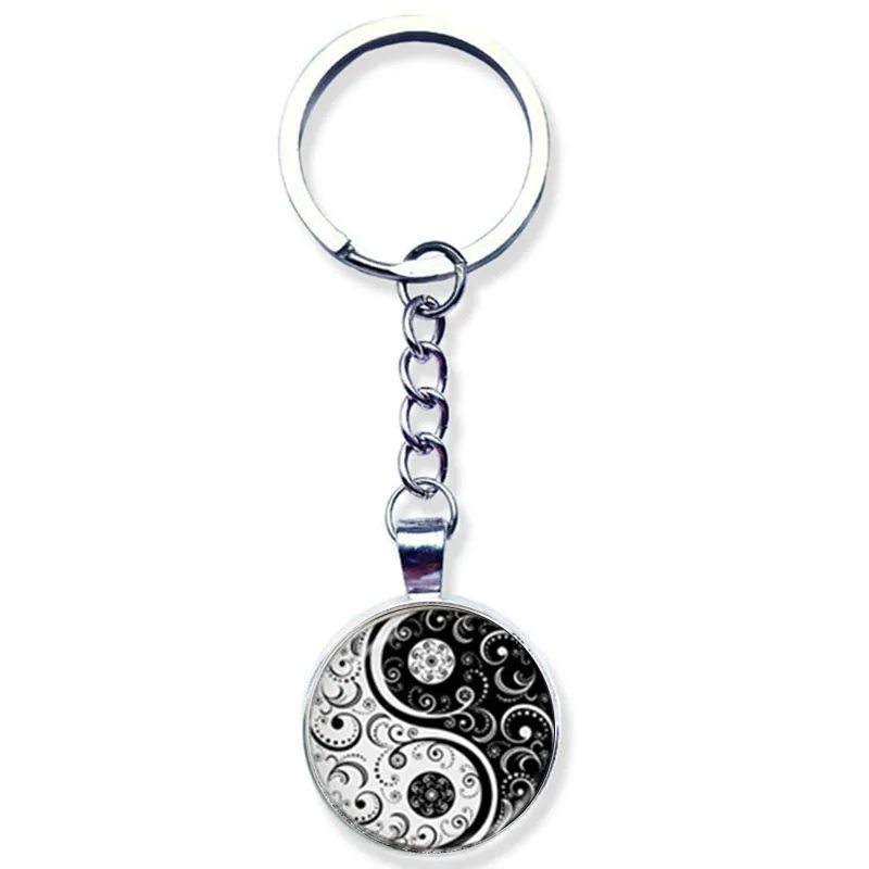 SONGDA Black White Yin Yang Key Chain Best Friend Dog Paw & Baby Hand Print Glass Cabochon Purse Bag Pendant Tai Chi Key Ring