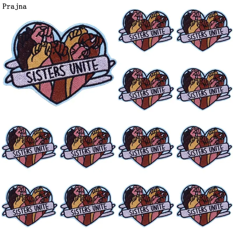 Prajna 10 PCS Sisters Unite Embroidered Patches On Clothes DIY Cartoon Love Heart Patches For Clothing Stickers Letter Badges